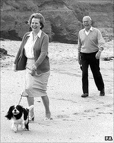 Margaret Thatcher and husband Denis on holiday in Cornwall in 1986