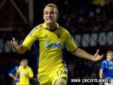 Dalibor Volas celebrates scoring for Maribor against Rangers