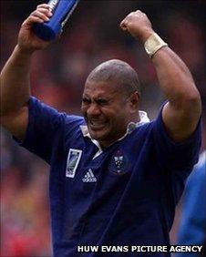 Samoa wing Inga Tuigamala celebrates their 1999 World Cup win over Wales