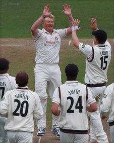 Lancashire celebrate a Somerset wicket