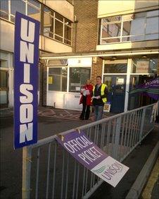 A picket line at a council office in Doncaster