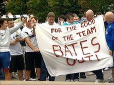 Leeds United fans hold an anti-Ken Bates banner