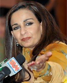 This file photo taken on April 11, 2008 shows then-Pakistani Information Minister Sherry Rehman briefing media representatives at parliament in Islamabad.
