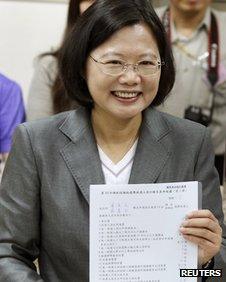 Tsai Ing-wen, showing her election registration document on 23 November 2011