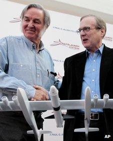 Microsoft co-founder Paul Allen, right, with aerospace pioneer Burt Rutan in Seattle in 13 December 2011