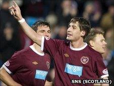 Rudi Skacel celebrates the second of his three goals against St Mirren