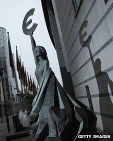 Euro sculpture outside European Parliament, Brussels (file photo - Nov 2011)