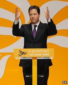 Lib Dem leader Nick Clegg addressing delegates at the Spring conference