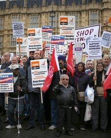 Remploy factory workers demonstrate outside Parliament on April 20