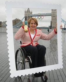 Tanni Grey-Thompson, 11 time Paralympic Gold medallist poses with her gold medal