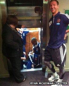 Hearts players being released from lift