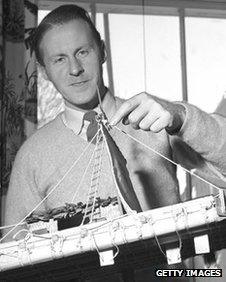 Thor Heyerdahl with a model of his balsa wood dirigible