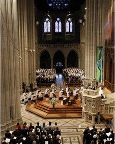 A choir processes at the memorial for astronaut Neil Armstrong 13 September 2012