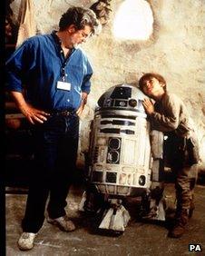 George Lucas with Jake Lloyd (right) on the set of The Phantom Menace