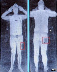 A full-body scan seen on a computer screen in Manchester Airport, October 2009