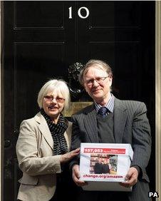 Bookshop couple Frances and Keith Smith outside No 10 Downing Street