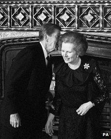 Margaret Thatcher and Ronald Reagan speaking in 1984