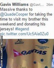 Quade Cooper has been thanked by Owen Williams' family for his kindness