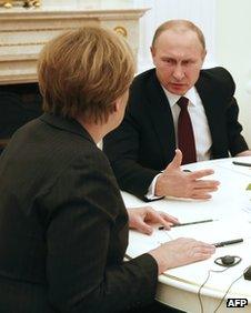 German Chancellor Angela Merkel with Russian President Vladimir Putin in Moscow, 6 February