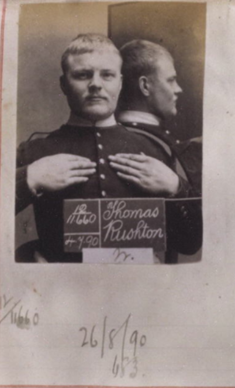 Photograph of prisoner Thomas Rushton, soldier, age 25. Convicted of robbery and served six months. 