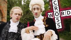 Image of two men look shocked in historical French dress with the word crossword on the right.