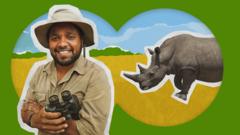Hamza the ranger wears a safari khaki shirt, with his hands folded and holding a pair of binoculars. Behind him, a graphic shows the view from the binoculars and a graphic rhino in long grass.