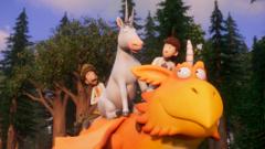 Twiggy, Doctor Princess Pearl and Sir Gadabout ride Zog the dragon.