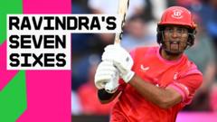 Seven sixes - Ravindra smashes 98 from 44 balls