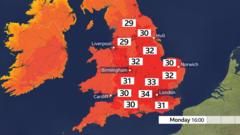 A temperature map of the UK. Many locations in the southern half of the UK are predicted to exceed 30C on Monday.