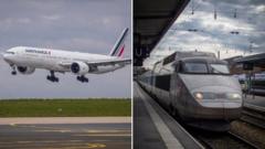 Duas imagens lado a lado: uma mostrando um Boeing 777 da Air France, e a outra um trem TGV de alta velocidade