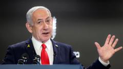 Israeli Prime Minister Benjamin Netanyahu speaks at a podium with microphones in front of him. He wears a dark suit, white shirt, and red tie, with a yellow ribbon pin on his left lapel. His right hand is raised with fingers spread apart.