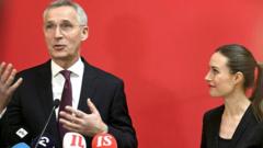Nato Secretary-General Jens Stoltenberg and Finnish Prime Minister Sanna Marin meet the media before SAMAK's annual meeting, Co-operation Committee of the Nordic Social Democratic parties and trade union labour councils, in Helsinki, Finland, on 28 February 2023.