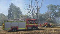 Firefighters battle field blaze 'in intense heat'