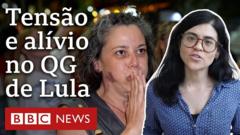 Foto de petista apreensiva durante apuração, a repórter Camilla Veras Mota e o texto: Tensão e alívio no QG de Lula