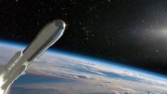 Artist's impression of what future spaceflight might look like. Shows metallic rocket speeding away from Earth.