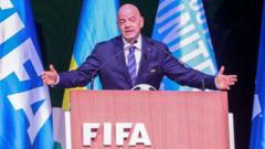 Fifa president Gianni Infantino addresses the crowd in Kigali, Rwanda after being re-elected
