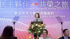 Taiwan"s President Tsai Ing-wen speaks during an event with members of the Taiwanese community, in New York, U.S., in this handout picture released March 30, 2023. Taiwan Presidential Office/Handout via REUTERS