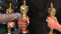Close de estatuetas do Oscar nas mãos de pessoas