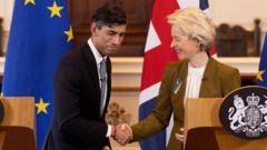 UK Prime Minister Rishi Sunak and EU Commission President Ursula von der Leyen shake hands as they hold a press conference at Windsor Guildhall on February 27, 2023 in Windsor, England