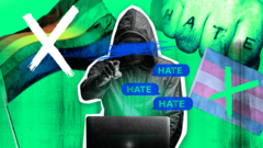 image of anonymous hater with LGBT and trans flags in the background