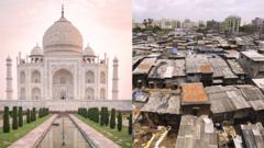 The Taj Mahal (left) and a view of the Dharavi slum in Mumbai