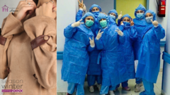 L: A photo of a coat in Fashion House's winter collection R: Medics wearing Fashion House's scrubs