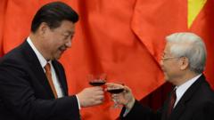 2015年，中國國家主席習近平（左）與越南共產黨總書記阮富仲在河內舉行正式會談後舉杯