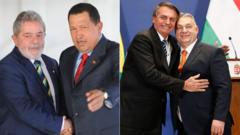 Montagem com as fotos de Lula e Hugo Chávez e Bolsonaro e Viktor Orbán