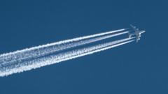 Vapour trails behind an Airbus A-380 airliner over the Netherlands in 2019 (file image)