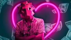 man in animal mask in front of neon heart with dollars notes in the background
