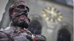 Defaced statue of King Leopold II in Antwerp, 5 June 2020