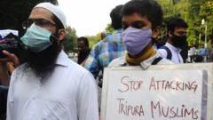 Indian Activists protest against incidents of Anti-Muslim violence in India's north-eastern state of Tripura in New Delhi on India, October. 29, 2021.