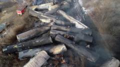 Aerial of the train cars piled up