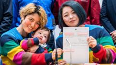 Mamiko Moda (L) and her partner Satoko Nagamura with their son holds a same-sex partnership certificate as they pose for a photograph after a press conference at the Tokyo Metropolitan Government building in Tokyo on November 1, 2022.